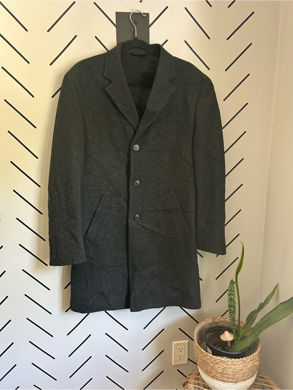 Jos A Bank Overcoat Jacket Wool plaid Trench Prep charcoal professional